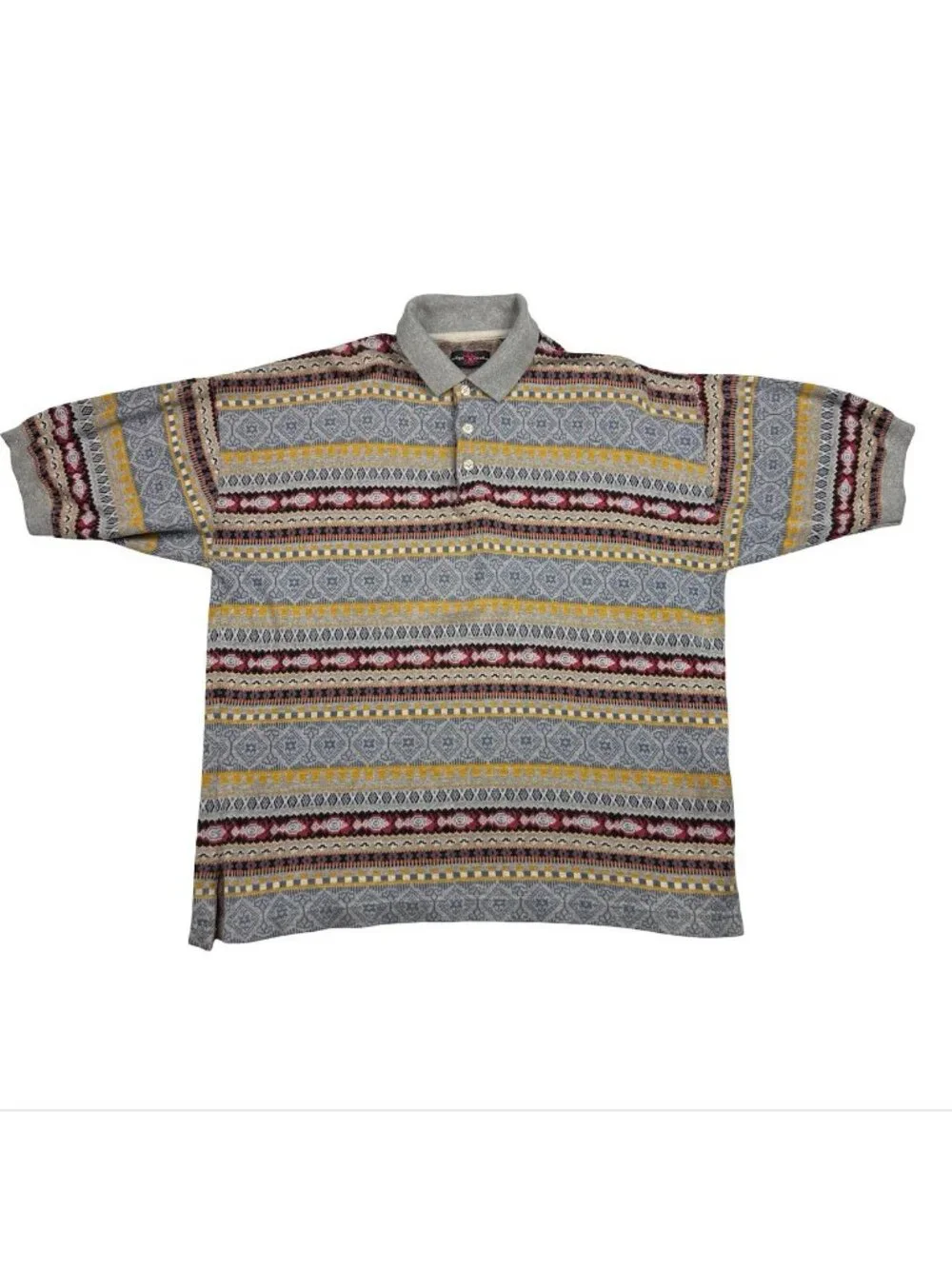 VTG Zip Code Men's S/S Polo Shirt Tan/Green Orange Southwest Aztec • XL_2